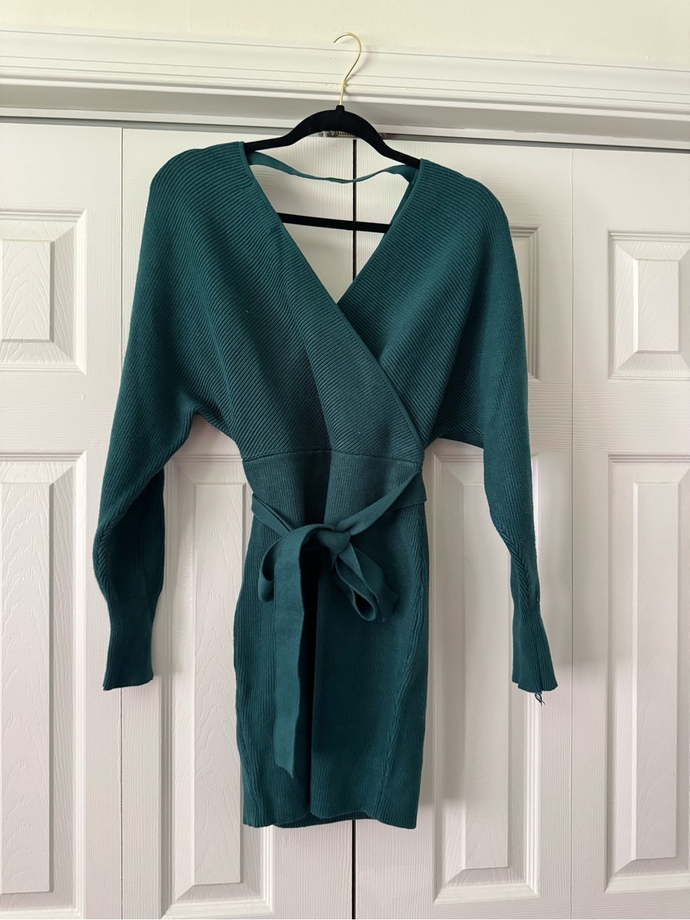 Long Sleeve Teal Wrap Knit Dress with Tie Belt
